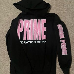 Prime Hydration Drink Hoodie - pink letters, black sweatshirt - EUC -youth large